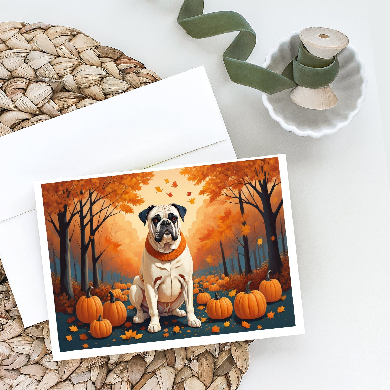 White Boxer Fall Greeting Cards Pack of 8 Blank Cards with Envelopes Whimsical A7 Size 5x7