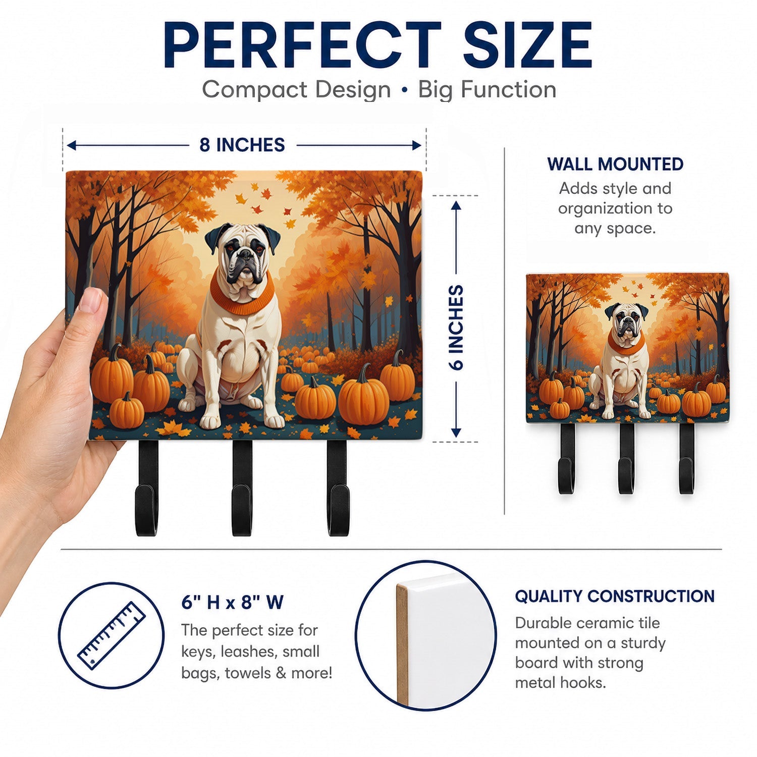 White Boxer Fall Leash or Key Holder Wall Hooks, Coat Rack Wall Mount, for Hanging Keys, Towels, Aprons, Leashes