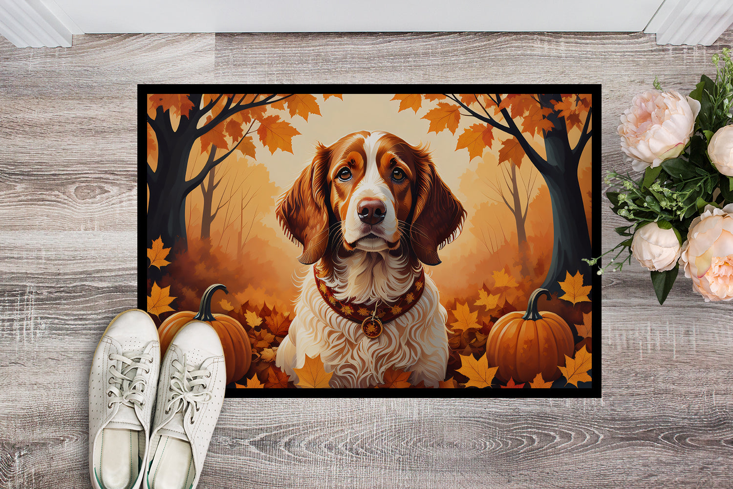 Brittany Spaniel Fall Doormat Indoor Outdoor 24H X 36W Front Door Mat Rugs for Entryway, Non Slip Washable Low Pile,