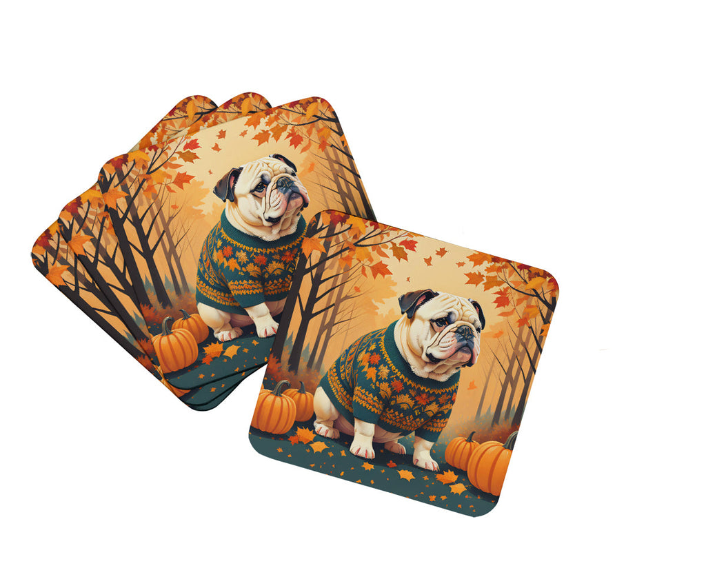 White English Bulldog Fall Foam Coasters Set of 4 Cup Coasters for Indoor Outdoor, Tabletop Protection, Anti Slip, Mouse pad Material