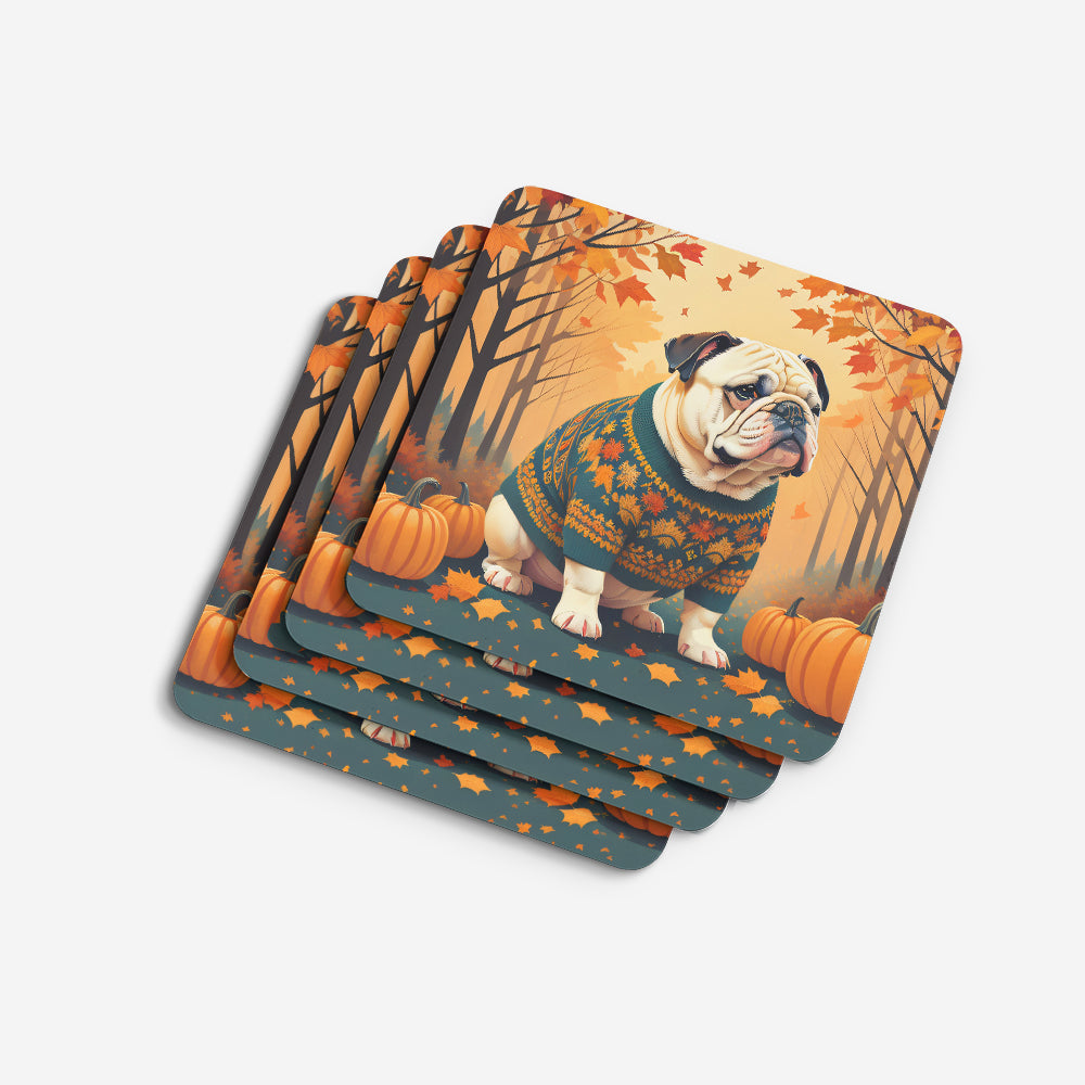White English Bulldog Fall Foam Coasters Set of 4 Cup Coasters for Indoor Outdoor, Tabletop Protection, Anti Slip, Mouse pad Material