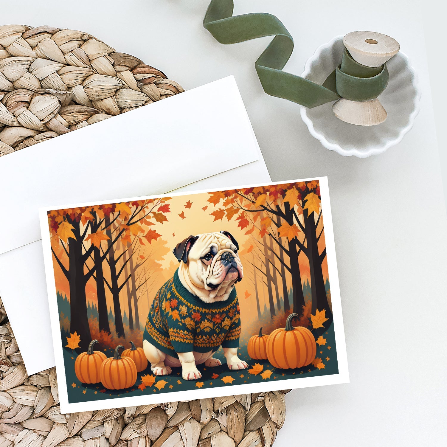 White English Bulldog Fall Greeting Cards Pack of 8 Blank Cards with Envelopes Whimsical A7 Size 5x7
