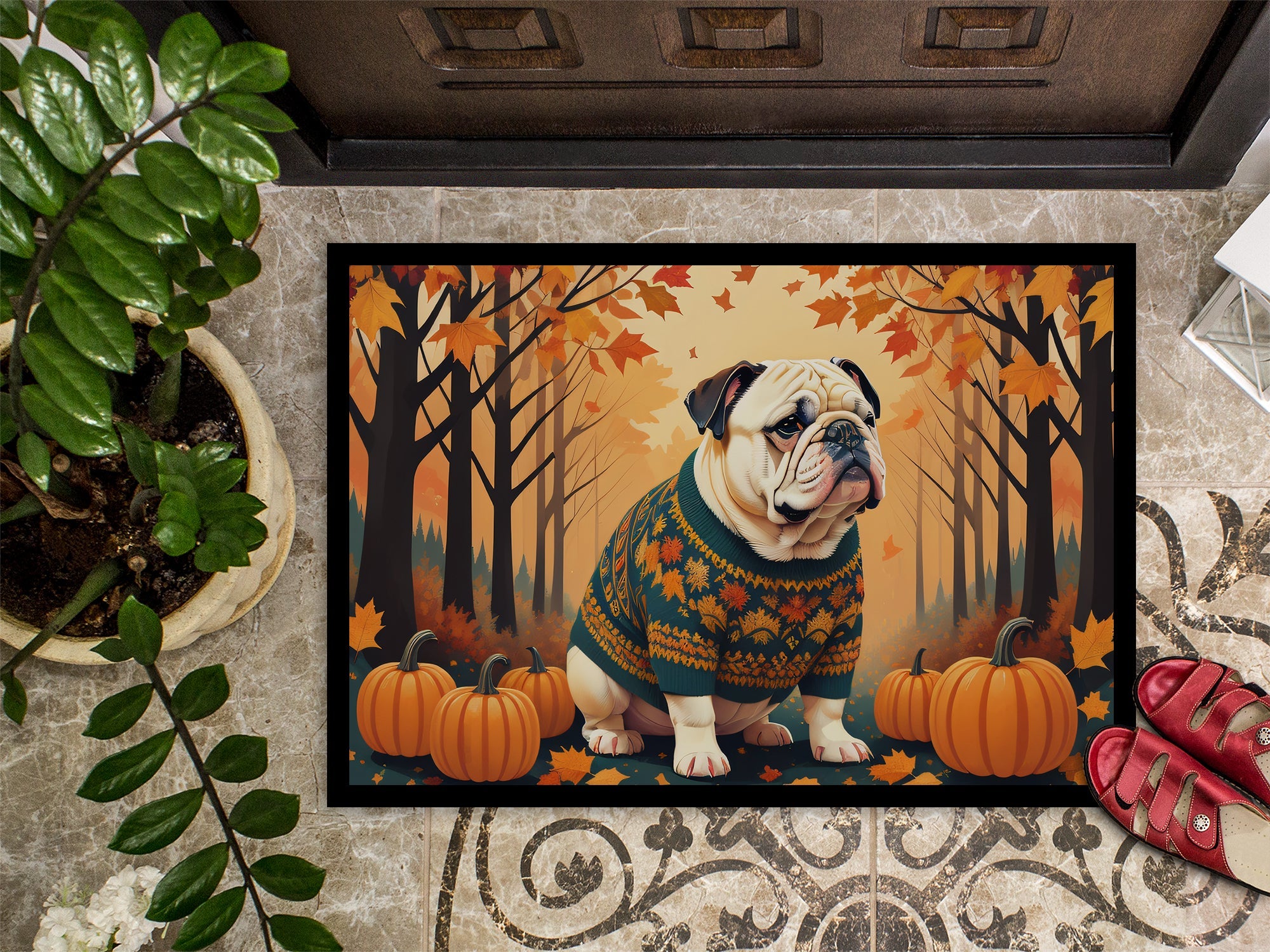 White English Bulldog Fall Doormat Indoor Outdoor 24H X 36W Front Door Mat Rugs for Entryway, Non Slip Washable Low Pile,