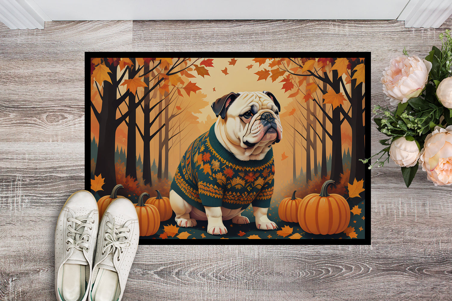 White English Bulldog Fall Doormat Indoor Outdoor 18H X 27W Front Door Mat Rugs for Entryway, Non Slip Washable