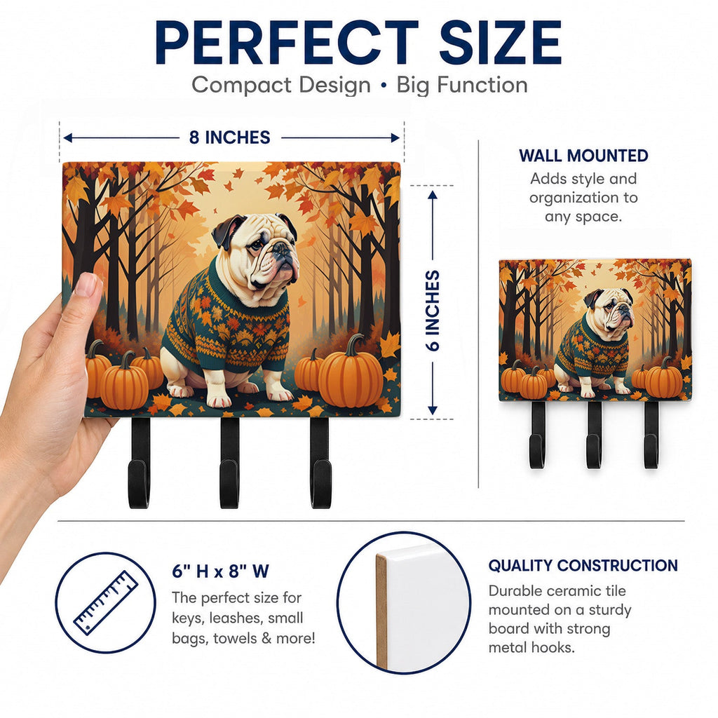 White English Bulldog Fall Leash or Key Holder Wall Hooks, Coat Rack Wall Mount, for Hanging Keys, Towels, Aprons, Leashes