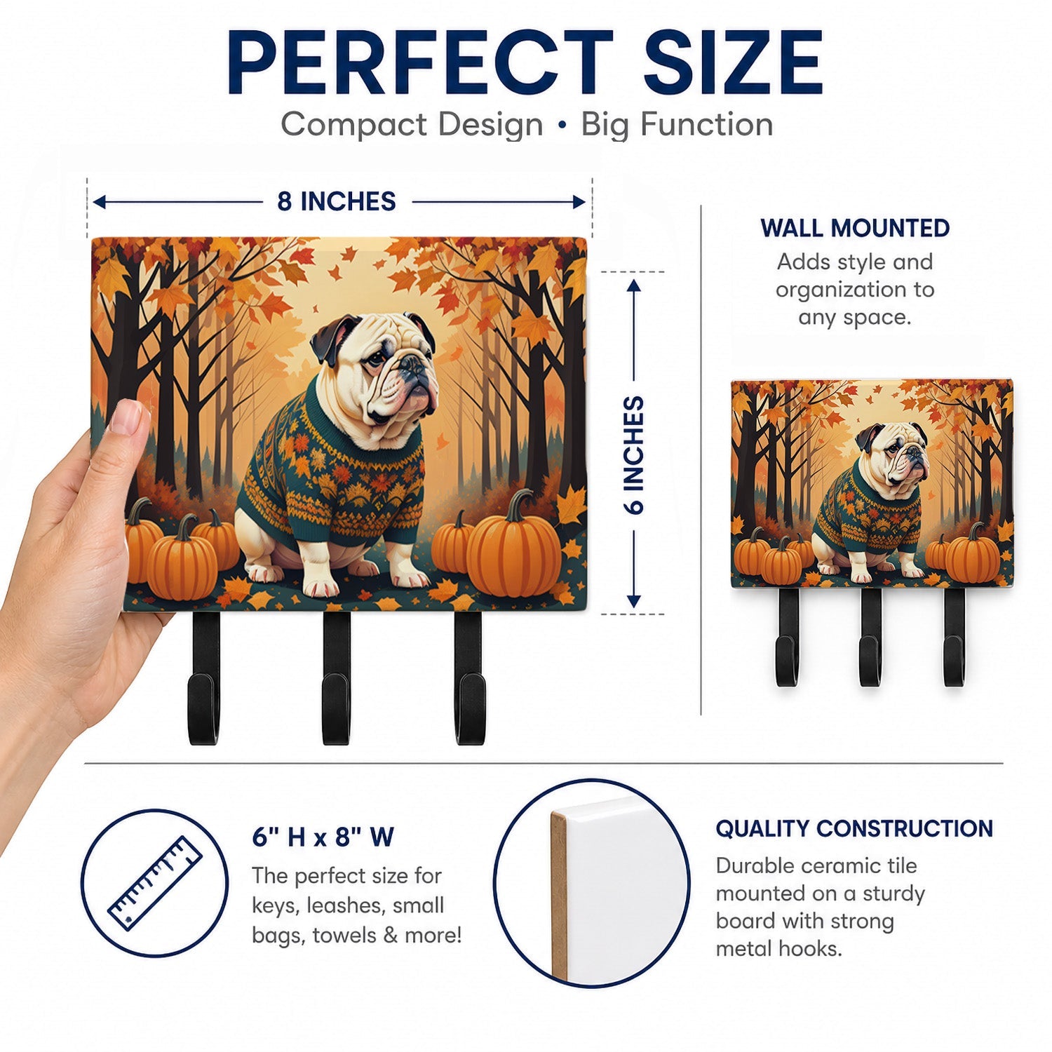 White English Bulldog Fall Leash or Key Holder Wall Hooks, Coat Rack Wall Mount, for Hanging Keys, Towels, Aprons, Leashes