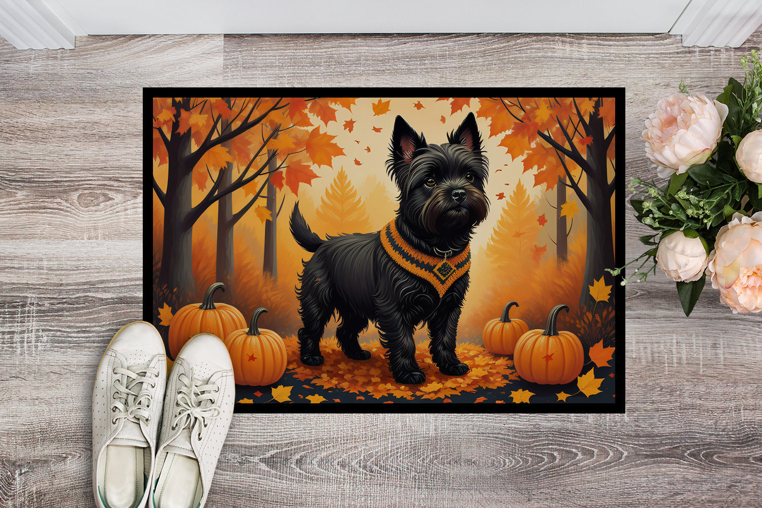 Black Cairn Terrier Fall Doormat Indoor Outdoor 18H X 27W Front Door Mat Rugs for Entryway, Non Slip Washable