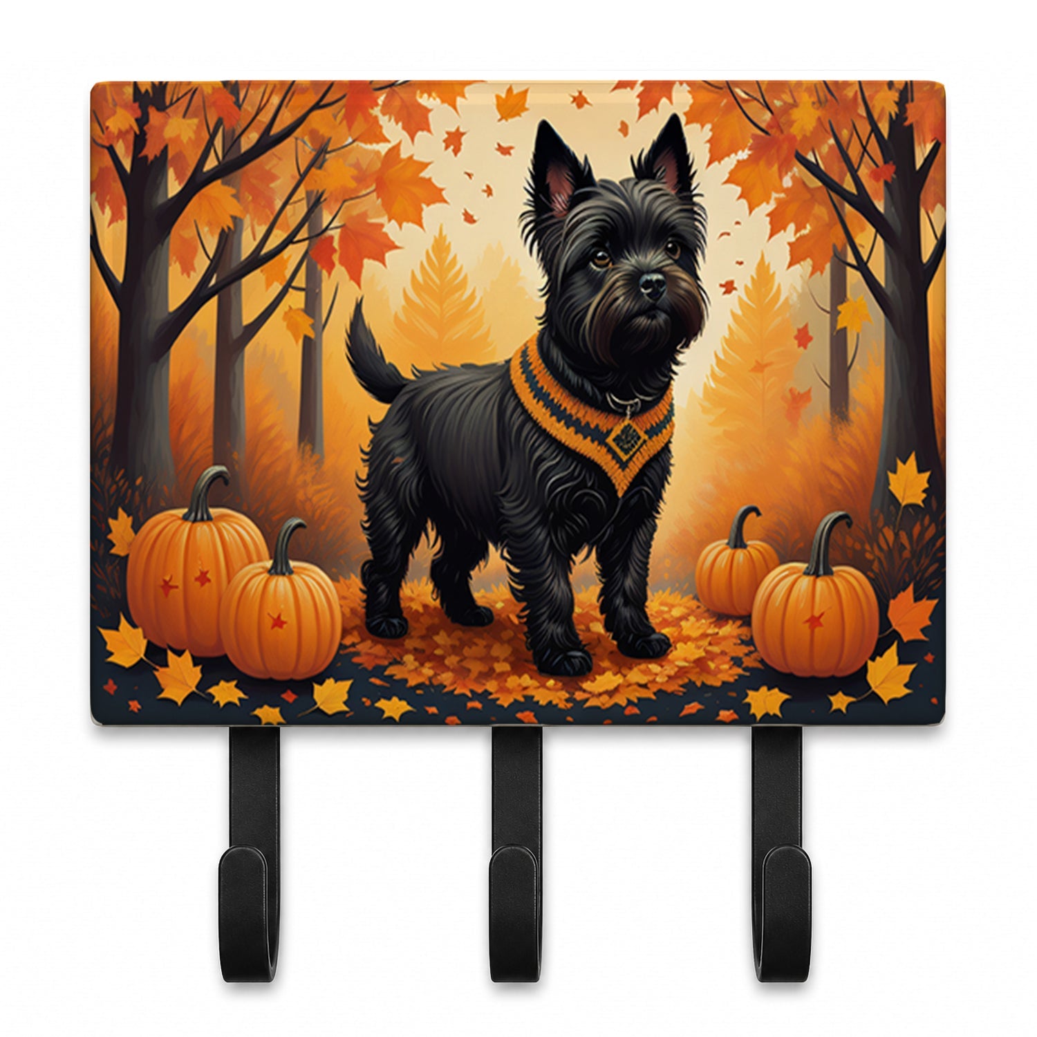 Black Cairn Terrier Fall Leash or Key Holder Wall Hooks, Coat Rack Wall Mount, for Hanging Keys, Towels, Aprons, Leashes