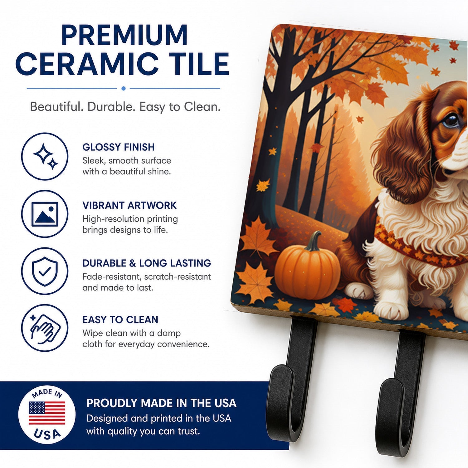 Cavalier Spaniel Fall Leash or Key Holder Wall Hooks, Coat Rack Wall Mount, for Hanging Keys, Towels, Aprons, Leashes