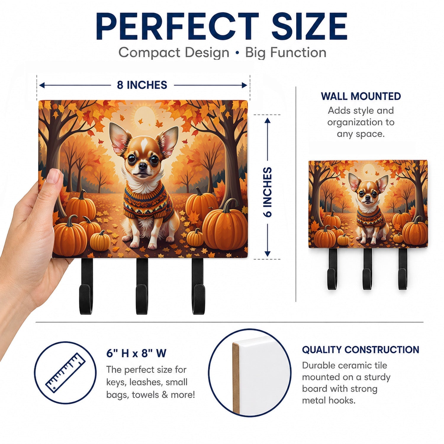 Chihuahua Fall Leash or Key Holder Wall Hooks, Coat Rack Wall Mount, for Hanging Keys, Towels, Aprons, Leashes