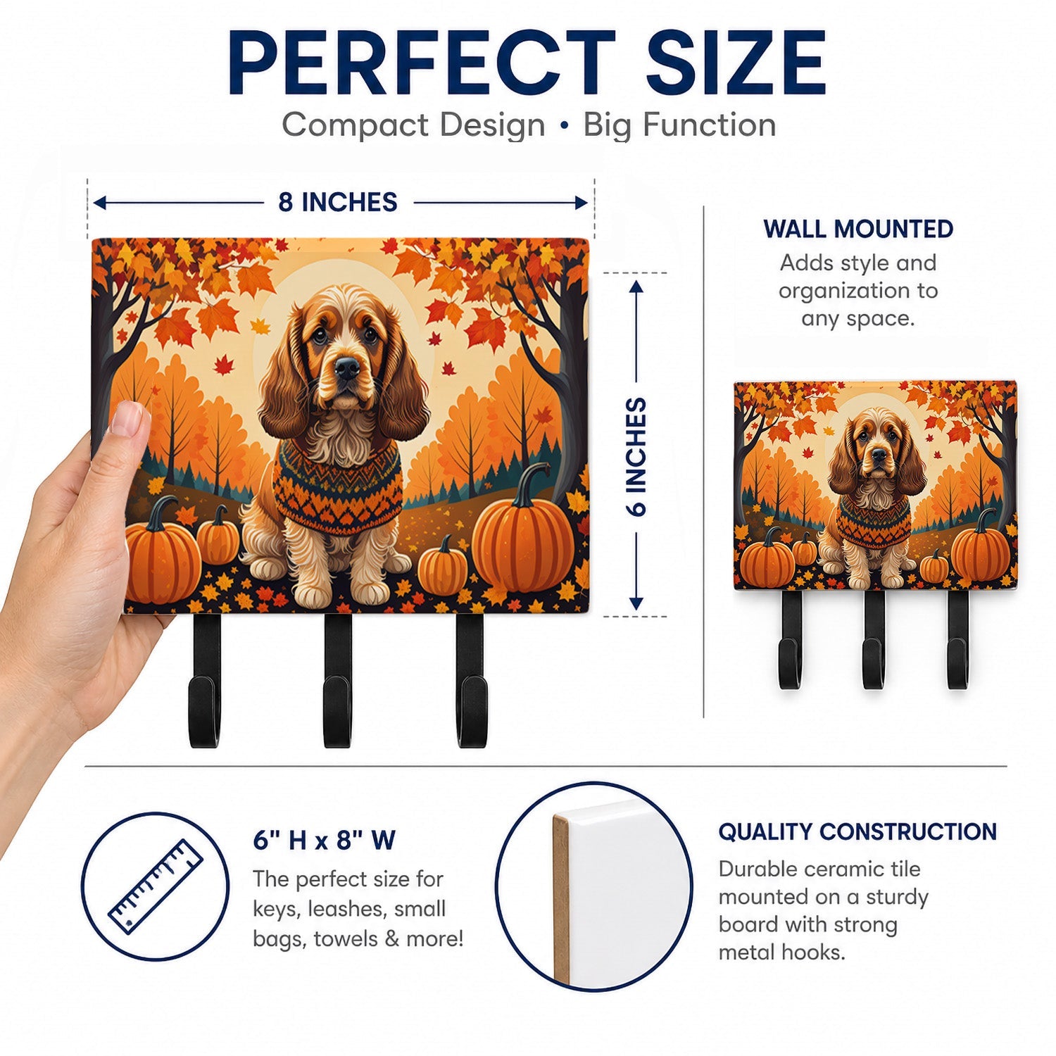 Cocker Spaniel Fall Leash or Key Holder Wall Hooks, Coat Rack Wall Mount, for Hanging Keys, Towels, Aprons, Leashes