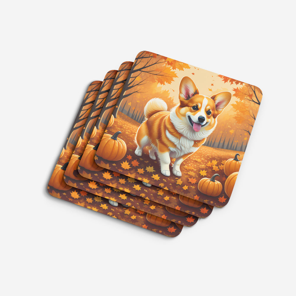 Corgi Fall Foam Coasters Set of 4 Cup Coasters for Indoor Outdoor, Tabletop Protection, Anti Slip, Mouse pad Material