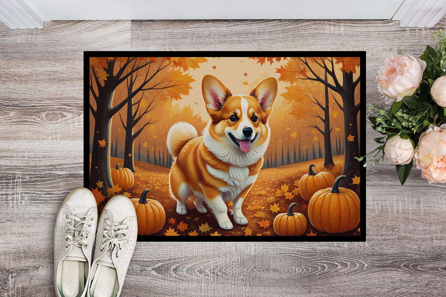 Corgi Fall Doormat Indoor Outdoor 18H X 27W Front Door Mat Rugs for Entryway, Non Slip Washable