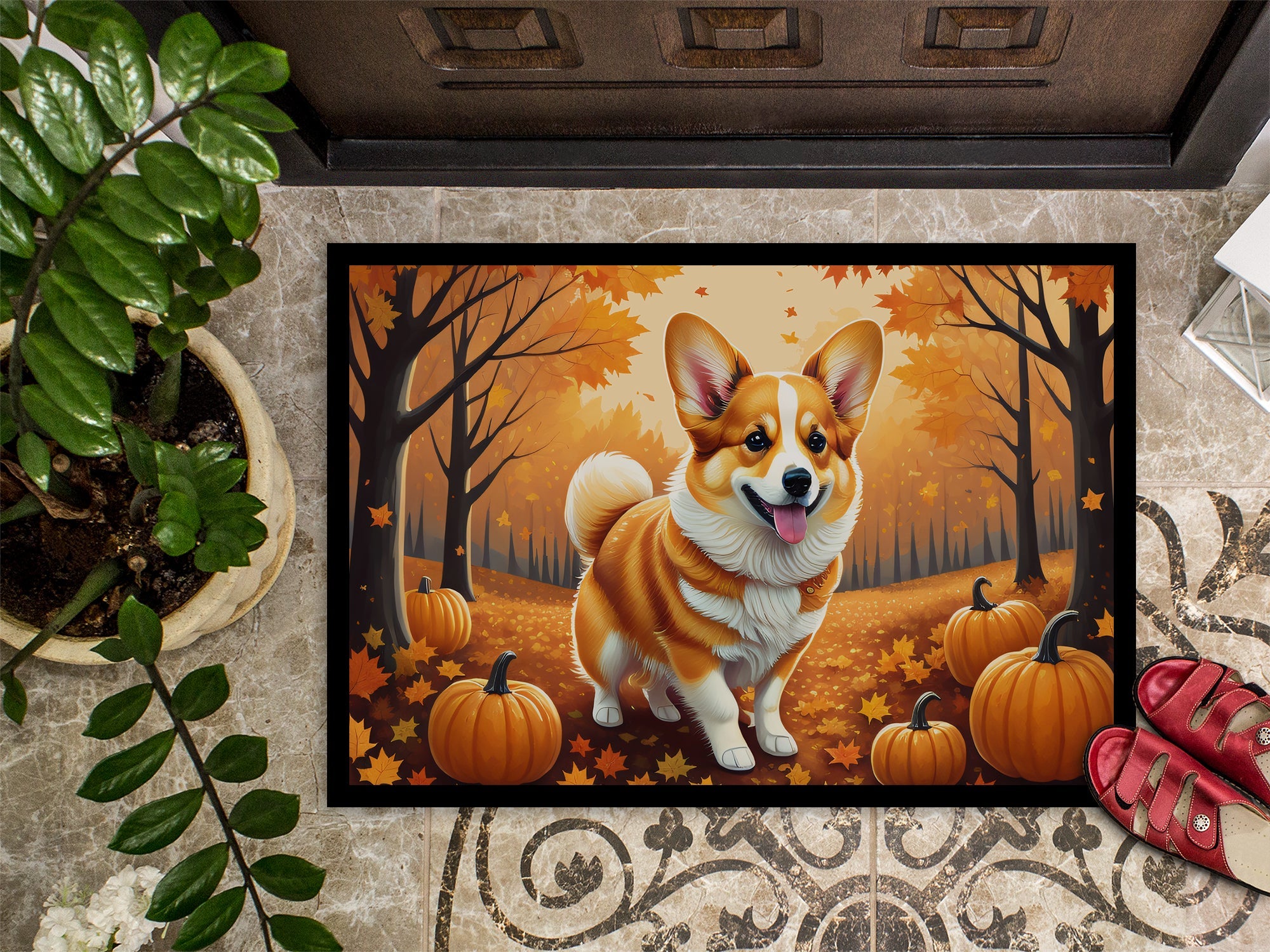 Corgi Fall Doormat Indoor Outdoor 18H X 27W Front Door Mat Rugs for Entryway, Non Slip Washable