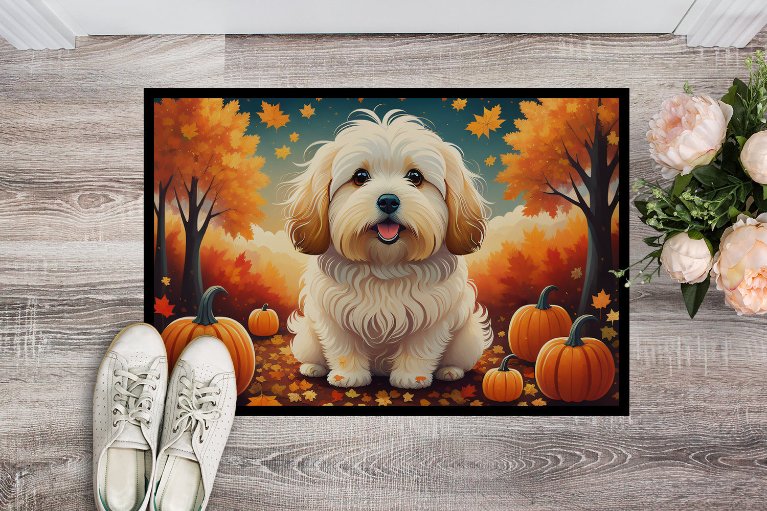 Coton De Tulear Fall Doormat Indoor Outdoor 18H X 27W Front Door Mat Rugs for Entryway, Non Slip Washable