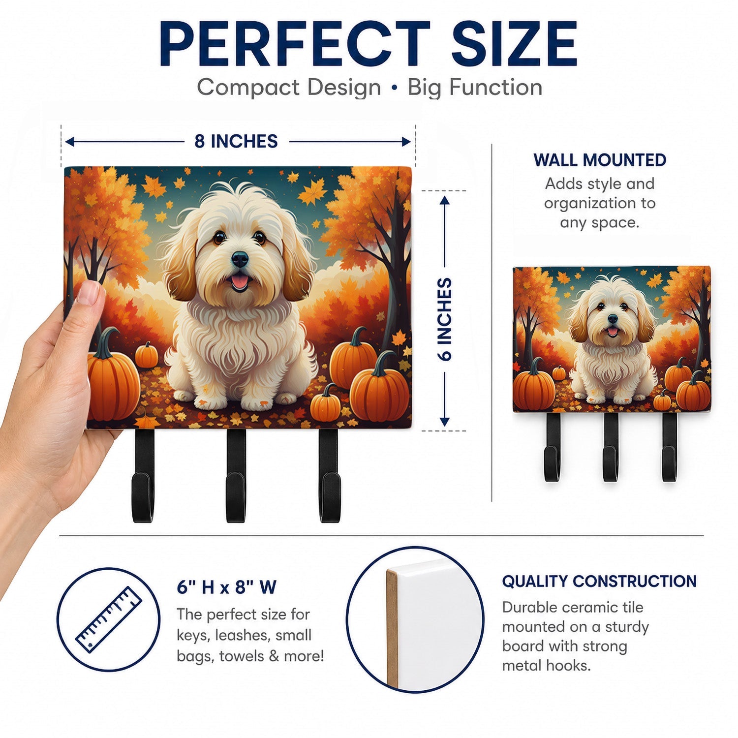 Coton De Tulear Fall Leash or Key Holder Wall Hooks, Coat Rack Wall Mount, for Hanging Keys, Towels, Aprons, Leashes
