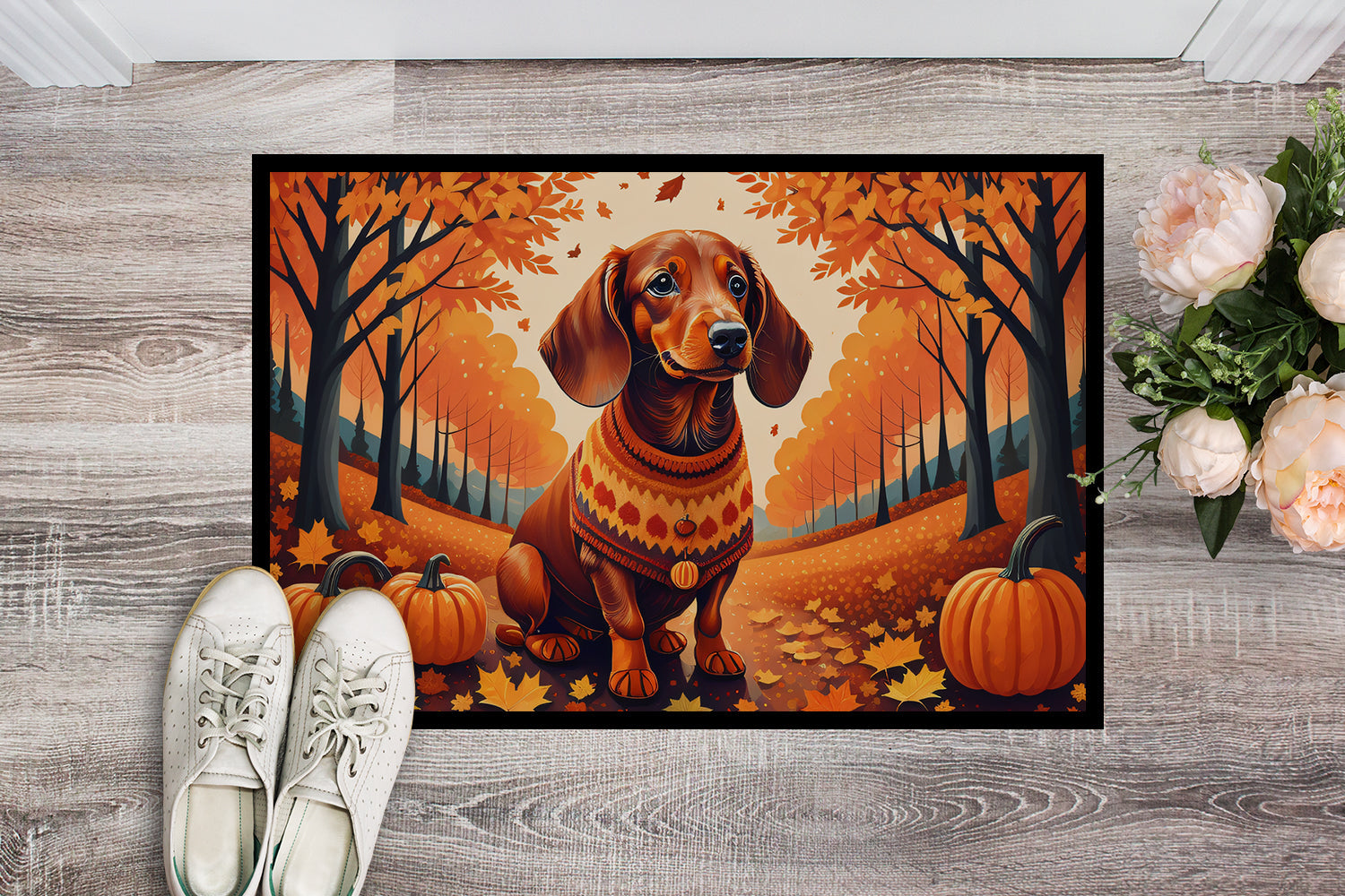 Dachshund Fall Doormat Indoor Outdoor 18H X 27W Front Door Mat Rugs for Entryway, Non Slip Washable