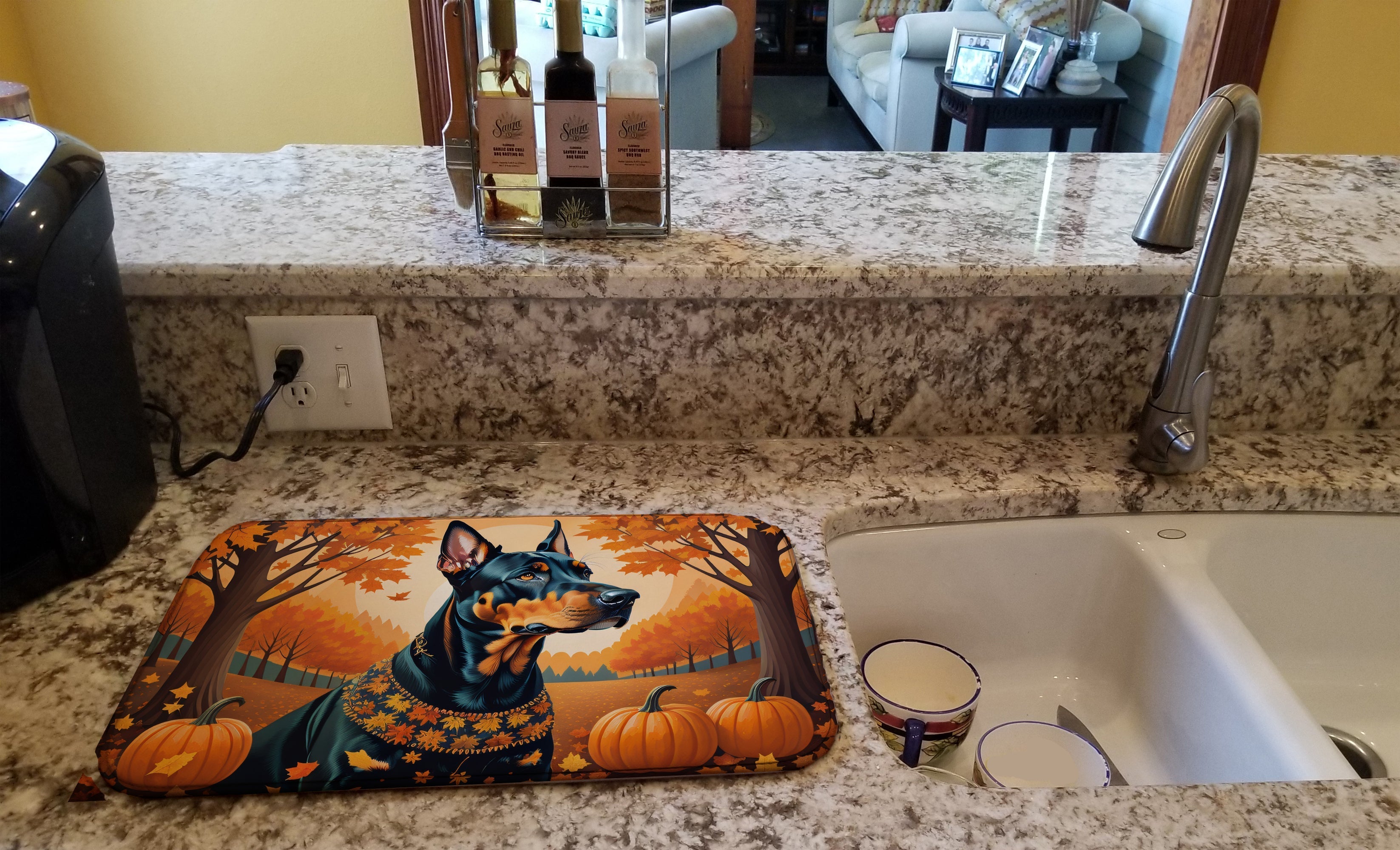 Doberman Pinscher Fall Dish Drying Mat Absorbent Dish Drying Mat Pad for Kitchen Counter Dish Drainer Mat for Countertop, 14 x 21", Multicolor