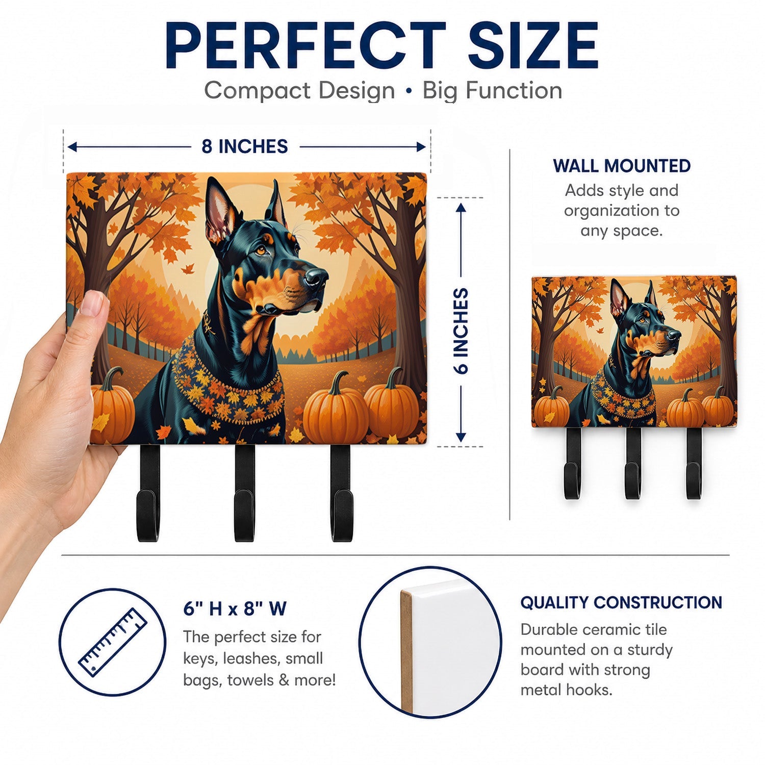 Doberman Pinscher Fall Leash or Key Holder Wall Hooks, Coat Rack Wall Mount, for Hanging Keys, Towels, Aprons, Leashes