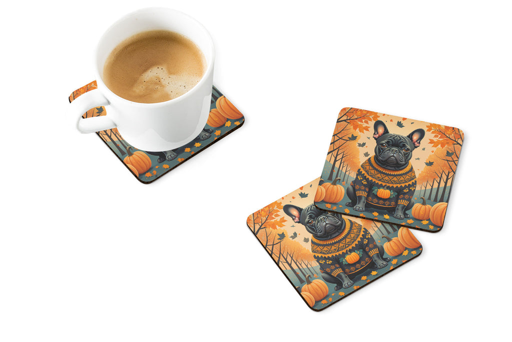 Black French Bulldog Fall Foam Coasters Set of 4 Cup Coasters for Indoor Outdoor, Tabletop Protection, Anti Slip, Mouse pad Material