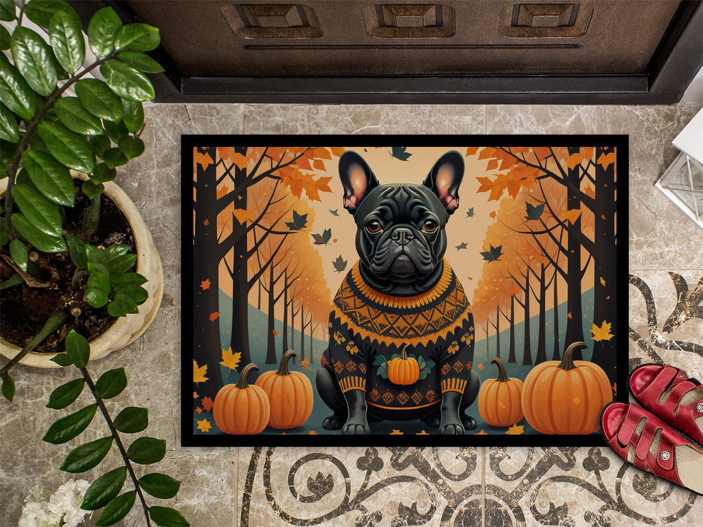 Black French Bulldog Fall Doormat Indoor Outdoor 24H X 36W Front Door Mat Rugs for Entryway, Non Slip Washable Low Pile,