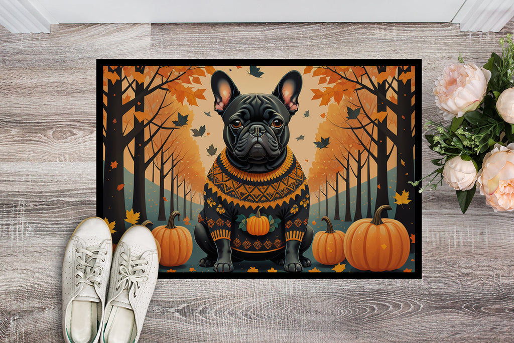 Black French Bulldog Fall Doormat Indoor Outdoor 18H X 27W Front Door Mat Rugs for Entryway, Non Slip Washable