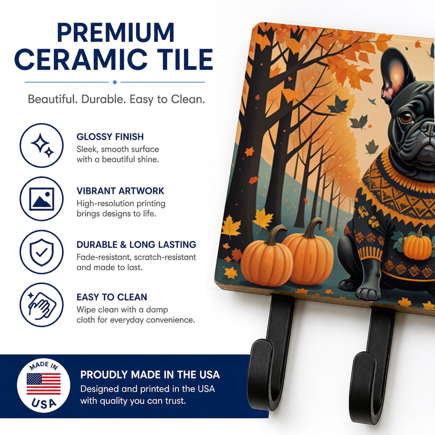 Black French Bulldog Fall Leash or Key Holder Wall Hooks, Coat Rack Wall Mount, for Hanging Keys, Towels, Aprons, Leashes