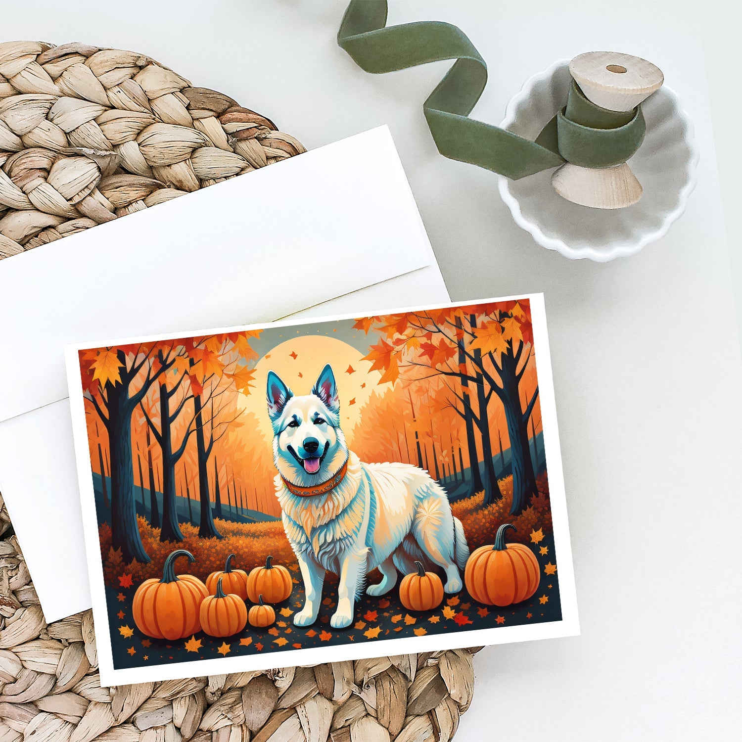 White German Shepherd Fall Greeting Cards Pack of 8 Blank Cards with Envelopes Whimsical A7 Size 5x7