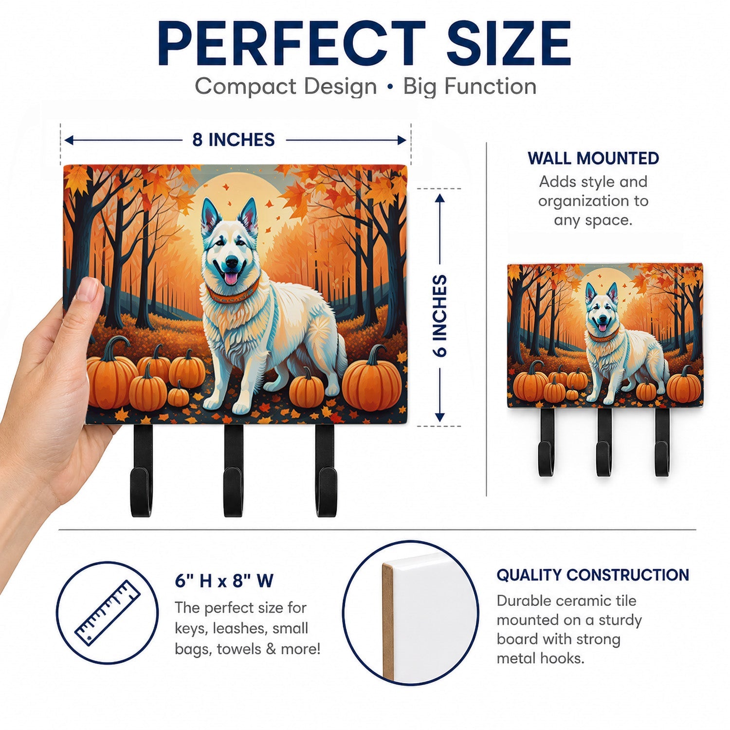 White German Shepherd Fall Leash or Key Holder Wall Hooks, Coat Rack Wall Mount, for Hanging Keys, Towels, Aprons, Leashes