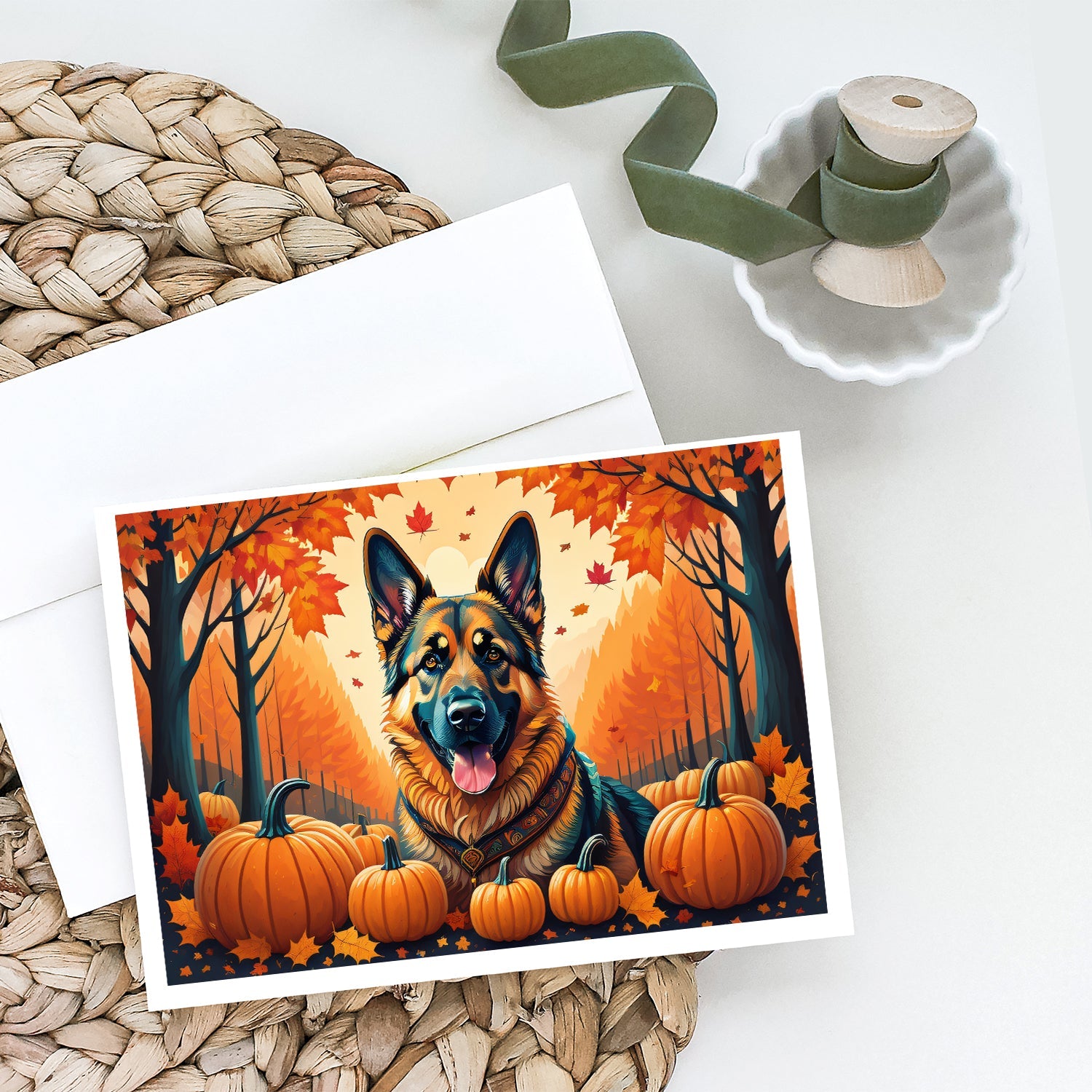 German Shepherd Fall Greeting Cards Pack of 8 Blank Cards with Envelopes Whimsical A7 Size 5x7