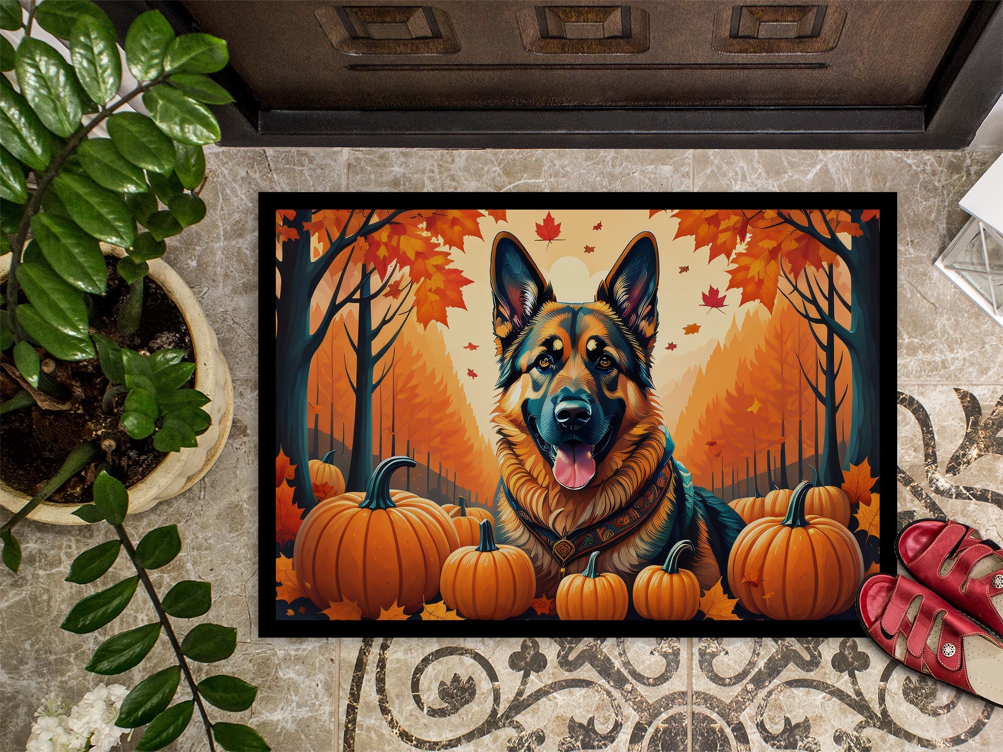 German Shepherd Fall Doormat Indoor Outdoor 24H X 36W Front Door Mat Rugs for Entryway, Non Slip Washable Low Pile,