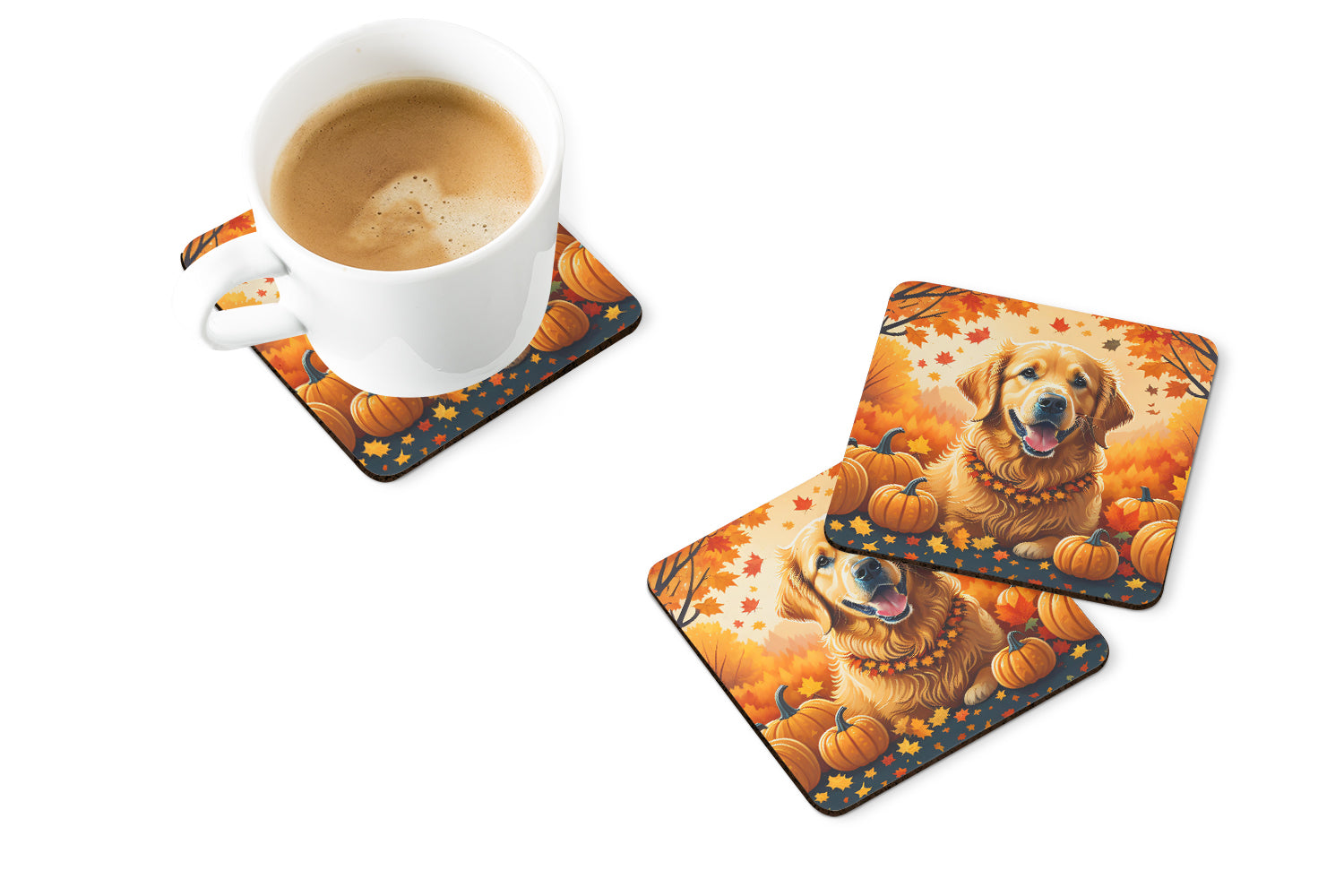 Golden Retriever Fall Foam Coasters Set of 4 Cup Coasters for Indoor Outdoor, Tabletop Protection, Anti Slip, Mouse pad Material