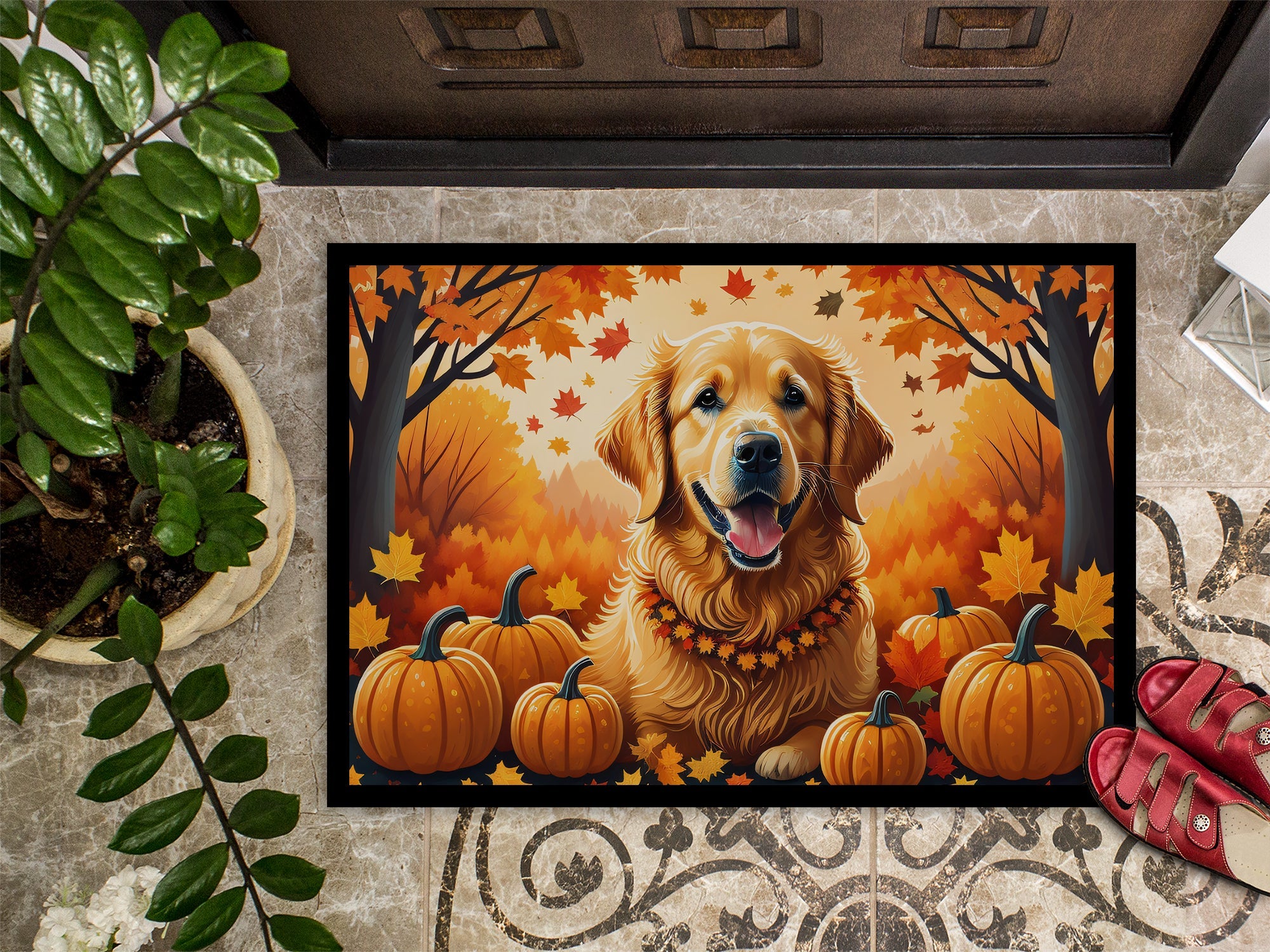 Golden Retriever Fall Doormat Indoor Outdoor 18H X 27W Front Door Mat Rugs for Entryway, Non Slip Washable