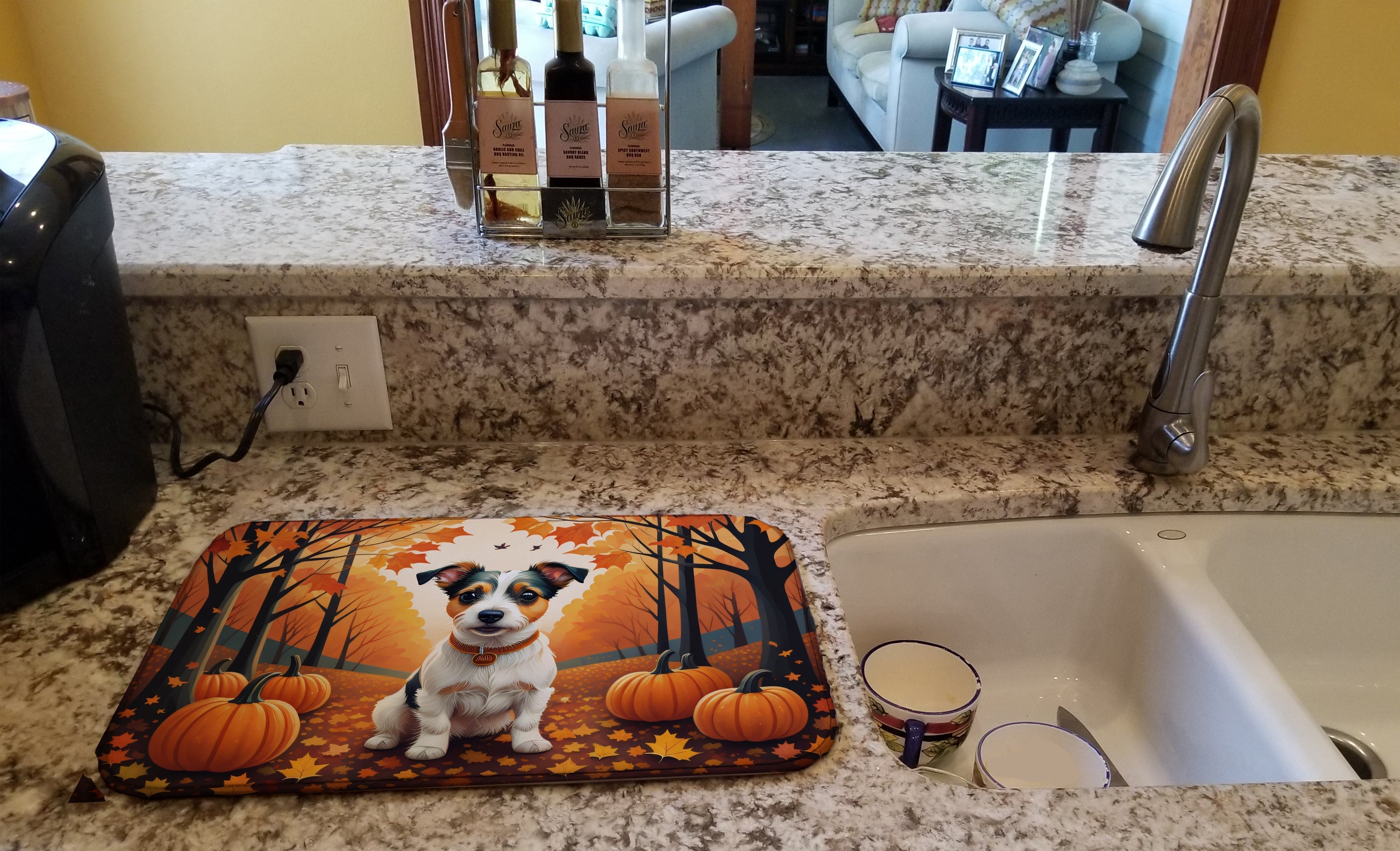 Jack Russell Terrier Fall Dish Drying Mat Absorbent Dish Drying Mat Pad for Kitchen Counter Dish Drainer Mat for Countertop, 14 x 21", Multicolor