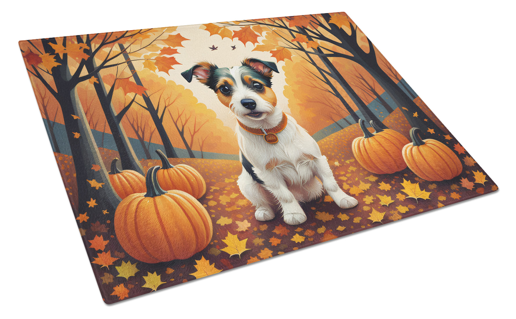 Jack Russell Terrier Fall Cutting Board Tempered Glass Kitchen Cutting Surface, Heat Resistant Chopping, Non-Slip Feet, Food Prep & Serving