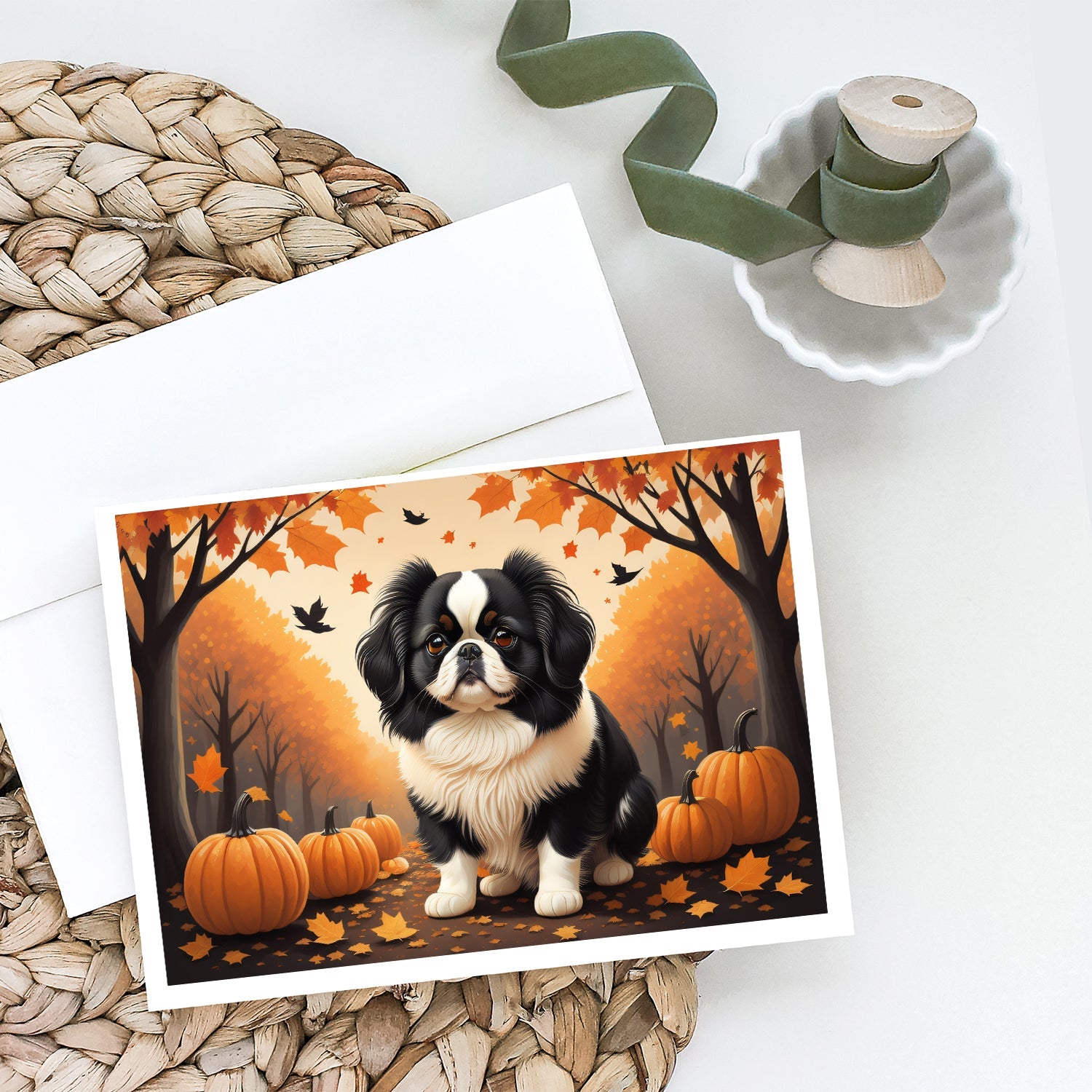 Japanese Chin Fall Greeting Cards Pack of 8 Blank Cards with Envelopes Whimsical A7 Size 5x7