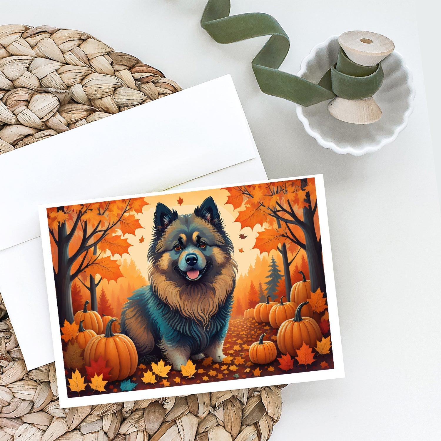 Keeshond Fall Greeting Cards Pack of 8 Blank Cards with Envelopes Whimsical A7 Size 5x7