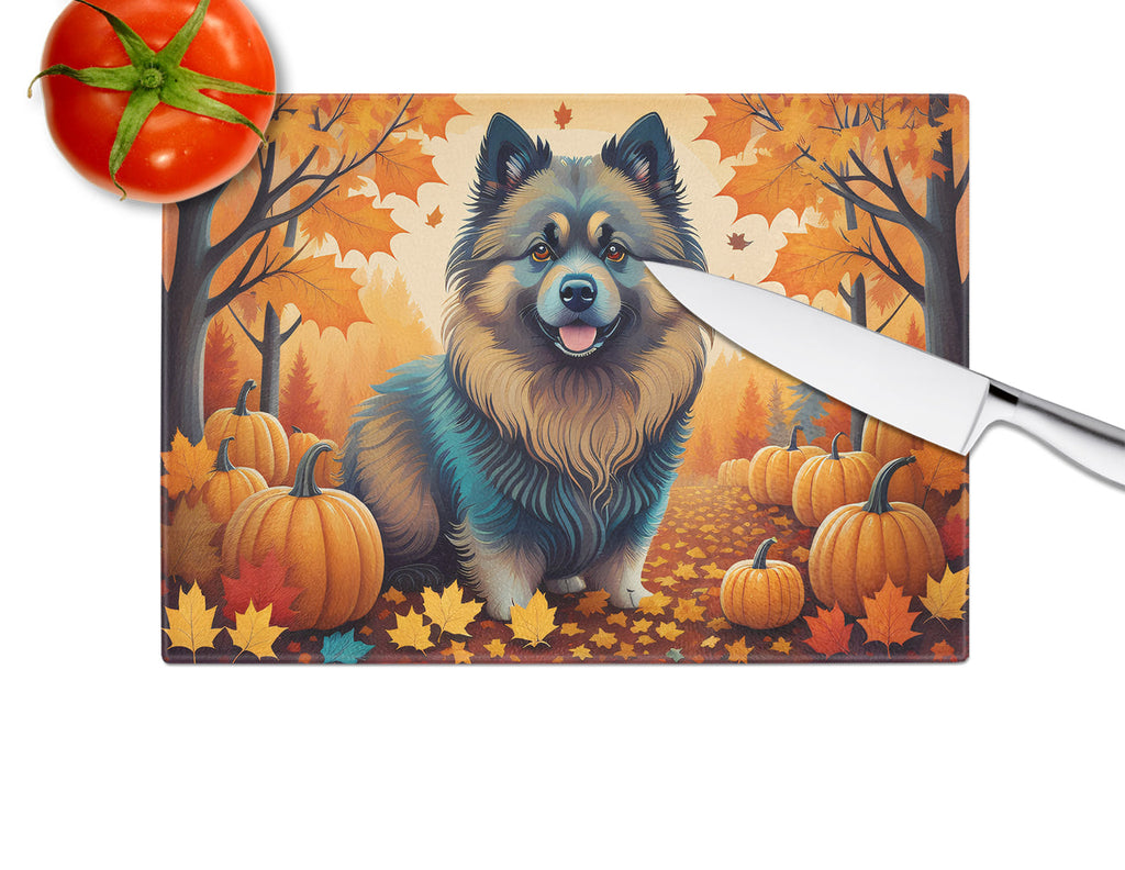 Keeshond Fall Cutting Board Tempered Glass Kitchen Cutting Surface, Heat Resistant Chopping, Non-Slip Feet, Food Prep & Serving