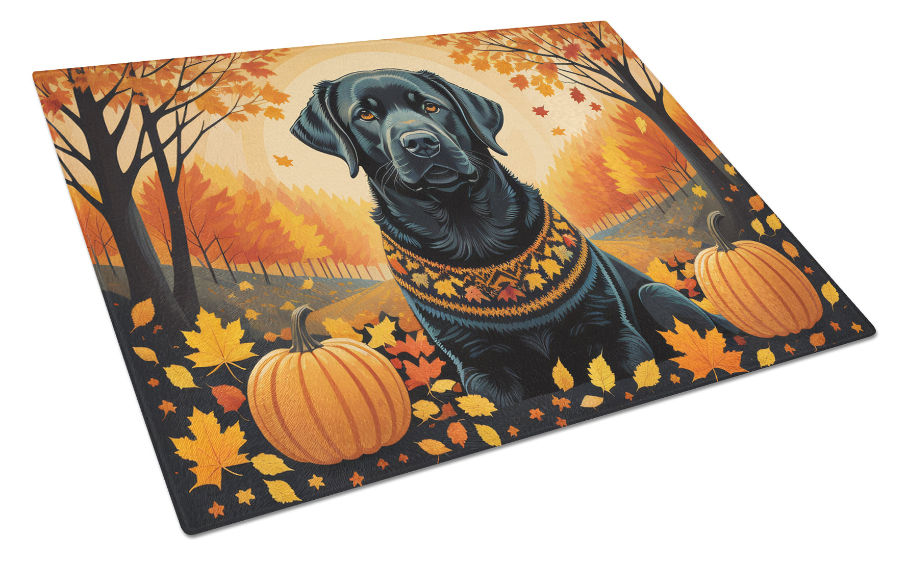 Black Labrador Retriever Fall Cutting Board Tempered Glass Kitchen Cutting Surface, Heat Resistant Chopping, Non-Slip Feet, Food Prep & Serving