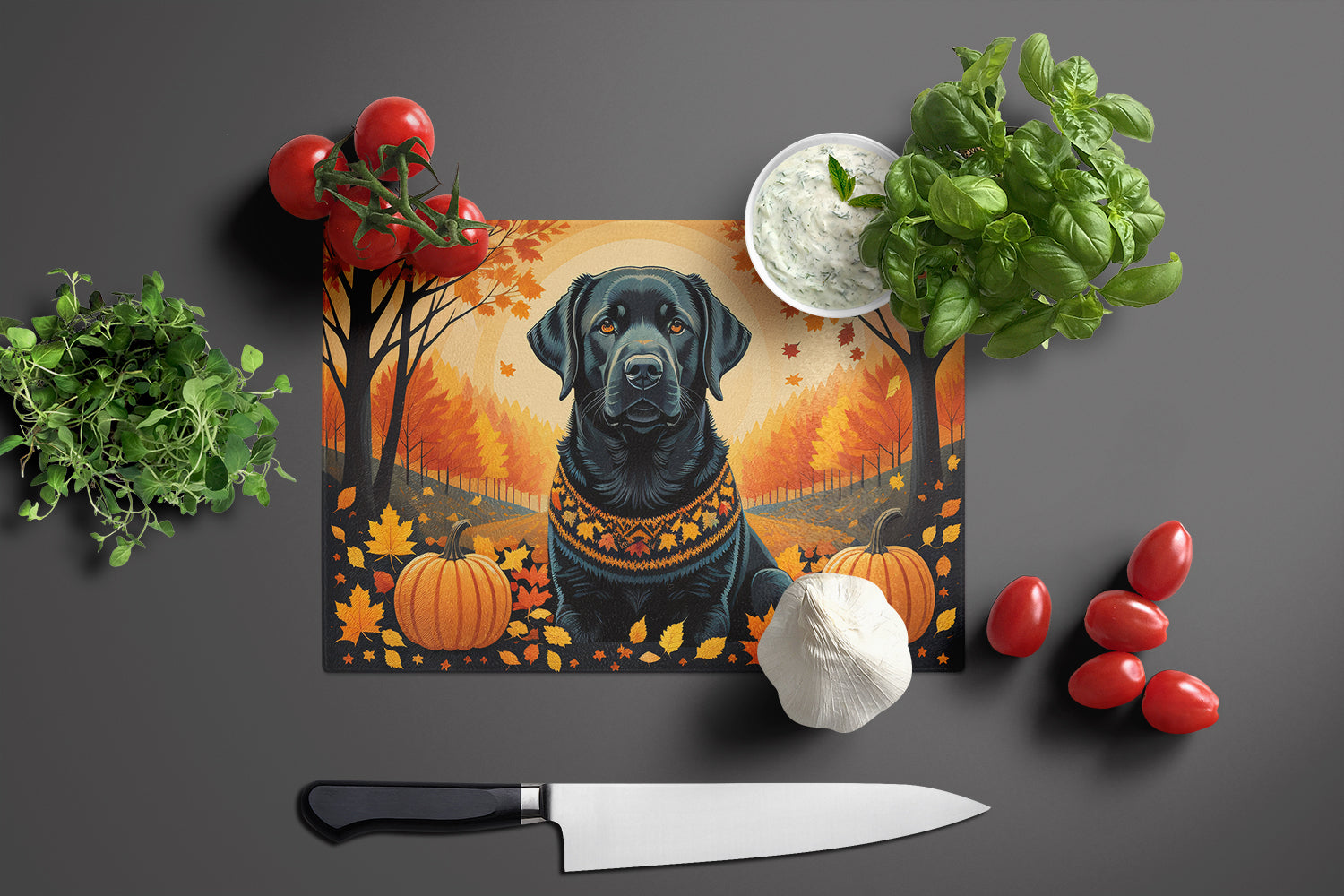 Black Labrador Retriever Fall Cutting Board Tempered Glass Kitchen Cutting Surface, Heat Resistant Chopping, Non-Slip Feet, Food Prep & Serving