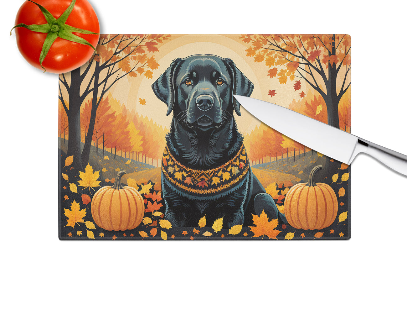 Black Labrador Retriever Fall Cutting Board Tempered Glass Kitchen Cutting Surface, Heat Resistant Chopping, Non-Slip Feet, Food Prep & Serving
