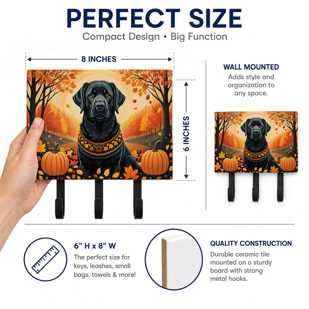 Black Labrador Retriever Fall Leash or Key Holder Wall Hooks, Coat Rack Wall Mount, for Hanging Keys, Towels, Aprons, Leashes