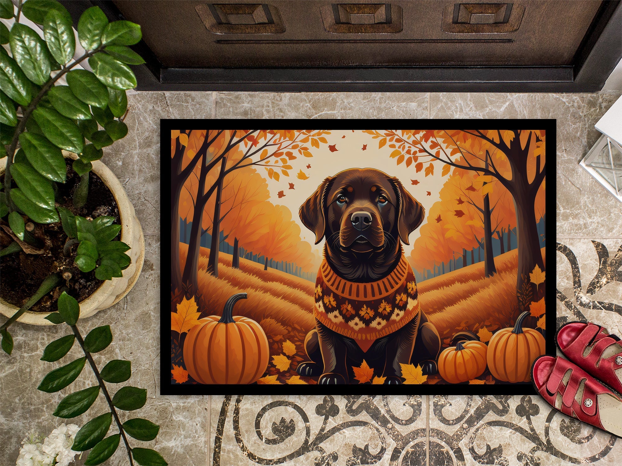 Chocolate Labrador Retriever Fall Doormat Indoor Outdoor 24H X 36W Front Door Mat Rugs for Entryway, Non Slip Washable Low Pile,