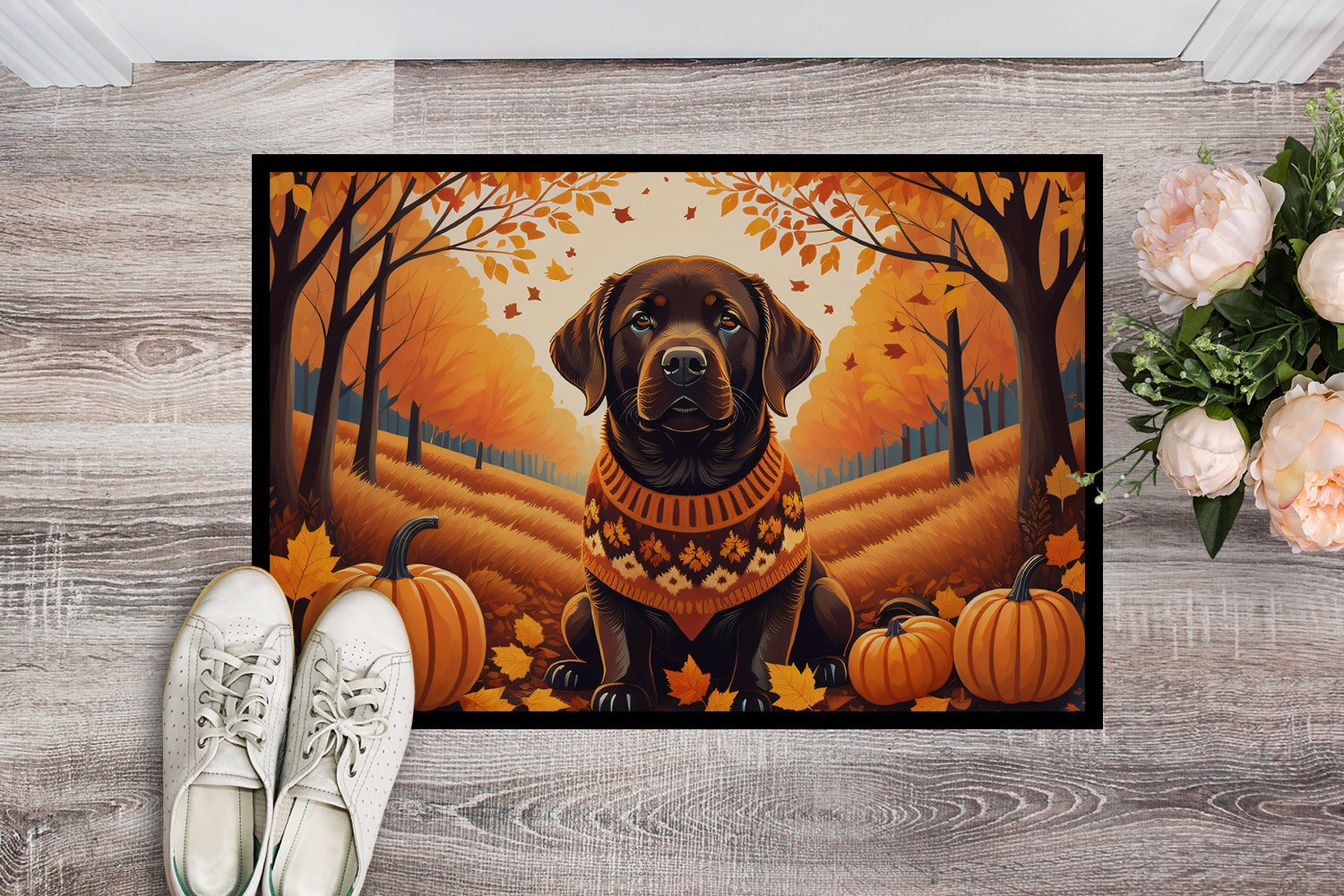 Chocolate Labrador Retriever Fall Doormat Indoor Outdoor 18H X 27W Front Door Mat Rugs for Entryway, Non Slip Washable