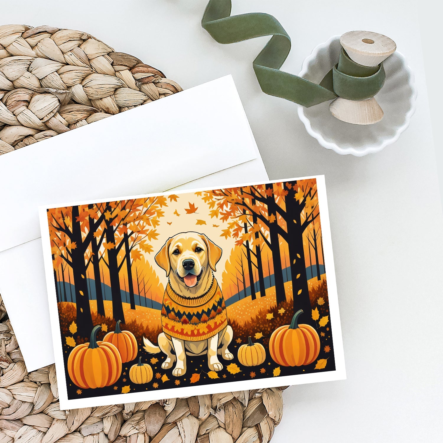 Yellow Labrador Retriever Fall Greeting Cards Pack of 8 Blank Cards with Envelopes Whimsical A7 Size 5x7