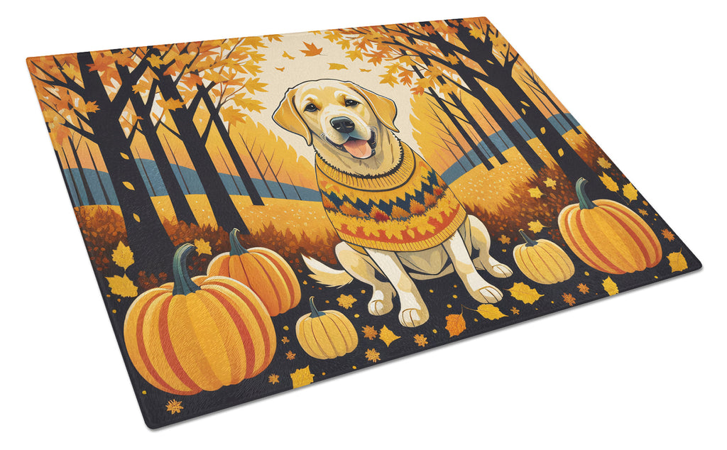 Yellow Labrador Retriever Fall Cutting Board Tempered Glass Kitchen Cutting Surface, Heat Resistant Chopping, Non-Slip Feet, Food Prep & Serving