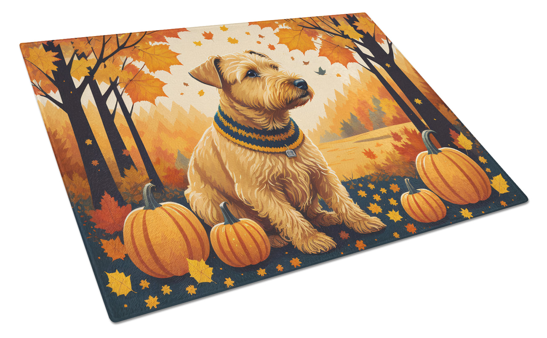 Lakeland Terrier Fall Cutting Board Tempered Glass Kitchen Cutting Surface, Heat Resistant Chopping, Non-Slip Feet, Food Prep & Serving