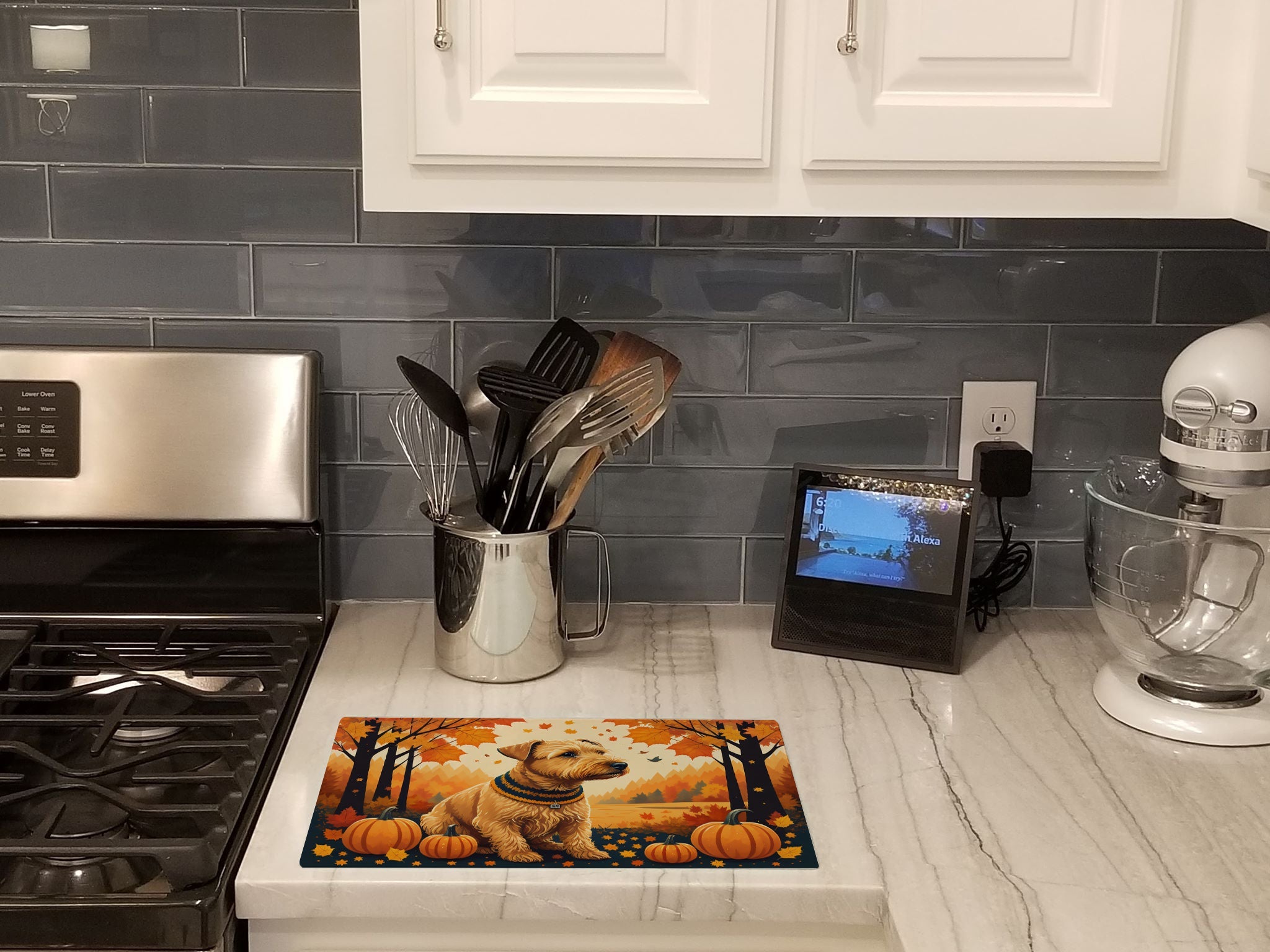 Lakeland Terrier Fall Cutting Board Tempered Glass Kitchen Cutting Surface, Heat Resistant Chopping, Non-Slip Feet, Food Prep & Serving