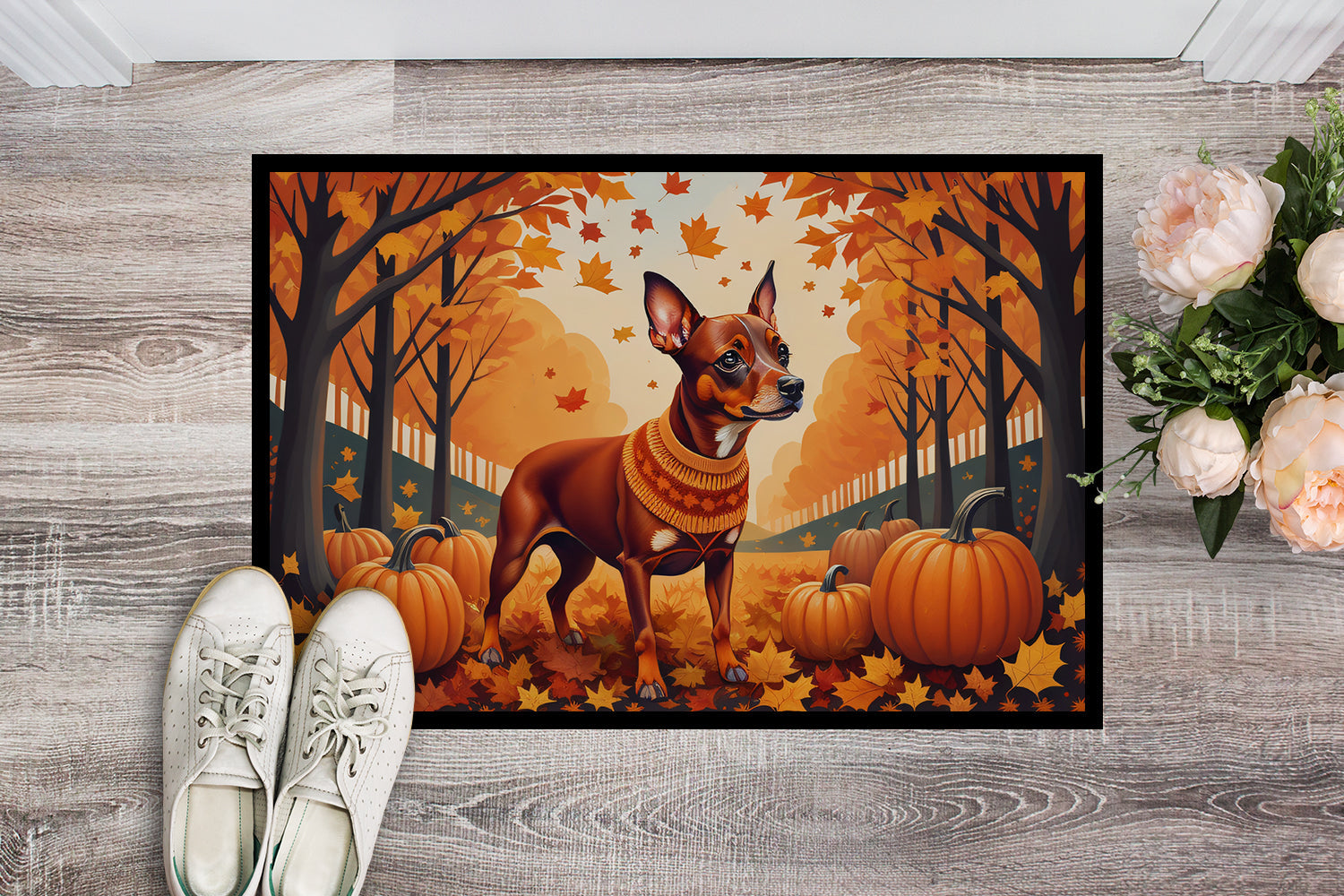 Red Miniature Pinscher Fall Doormat Indoor Outdoor 24H X 36W Front Door Mat Rugs for Entryway, Non Slip Washable Low Pile,