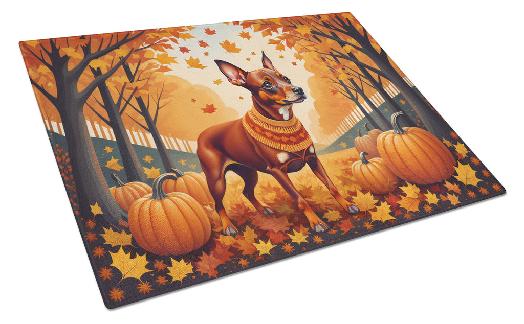 Red Miniature Pinscher Fall Cutting Board Tempered Glass Kitchen Cutting Surface, Heat Resistant Chopping, Non-Slip Feet, Food Prep & Serving